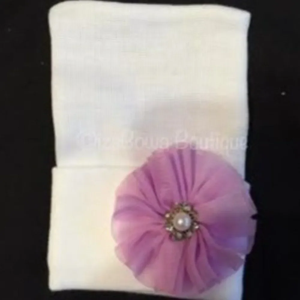 Newborn Hat with Purple Flower & Rhinestone & Pearl Center  NB378 Handmade NWT